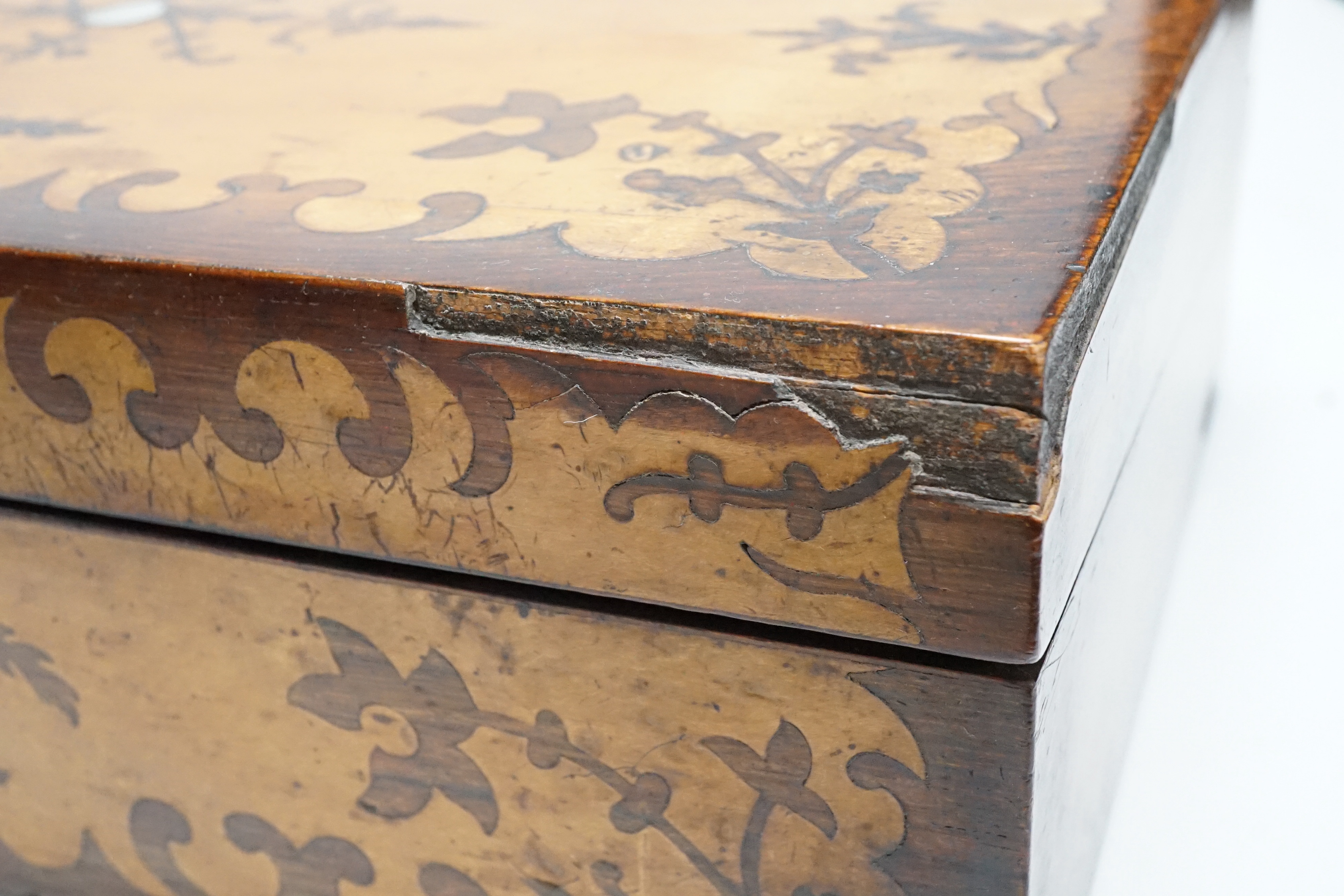 A Victorian maple and rosewood inlaid writing box, and matching workbox, 40cm wide